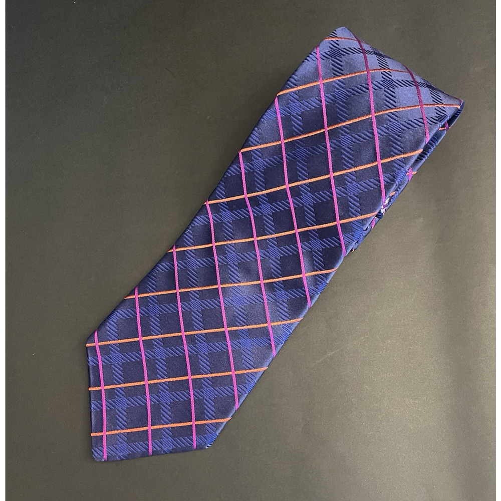 T Hilf 100% Silk Tie Diagonal Plaid Blue/Pink/Orange Houndstooth Jacquard